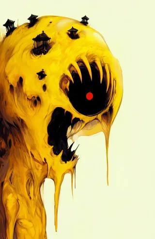 A grotesque digital drawing of an abstract yellow creature with a bulbous head featuring multiple small black lantern-like structures, a large black and red eye, and a wide mouth with sharp teeth dripping yellow liquid.