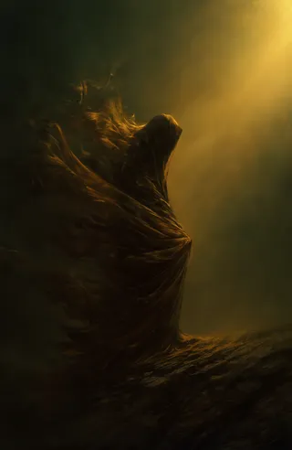 Mysterious figure draped in flowing golden-brown robes illuminated by warm light from the upper right on a dark rocky terrain.