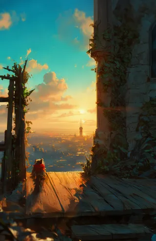 A small brown-furred creature wearing a red scarf stands on a weathered wooden platform framed by a vine-covered stone building and a wooden gate, facing a golden sunset over a distant city with a tower.