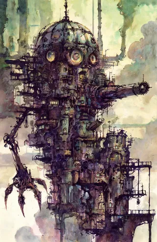 Watercolor illustration of a massive steampunk mechanical structure with a dome-shaped top featuring large round eyes, numerous industrial pipes and gears, claw-like appendages at the bottom, and a prominent cannon-like protrusion on the right side, set against a cloudy sky.