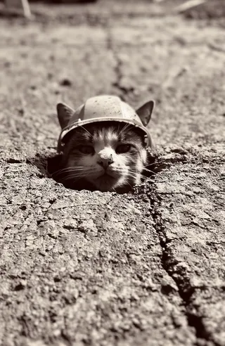 Black and white photo of a cat wearing a hard hat, peeking out of an irregular hole in rough textured concrete, with wide open eyes and visible fur detail.