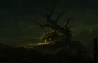 A dark moody landscape at night featuring a gnarled leafless tree with twisted branches and glowing embers, alongside a small weathered thatched-roof cottage illuminated by warm golden light.