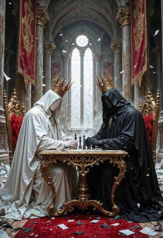 Two faceless kings in white and black robes with golden crowns playing chess at an ornate marble table in a decaying royal hall with torn banners and shattered windows.