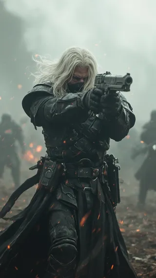 A white-haired warrior dressed in black armor aiming a bolter gun in a misty battlefield with embers floating around.