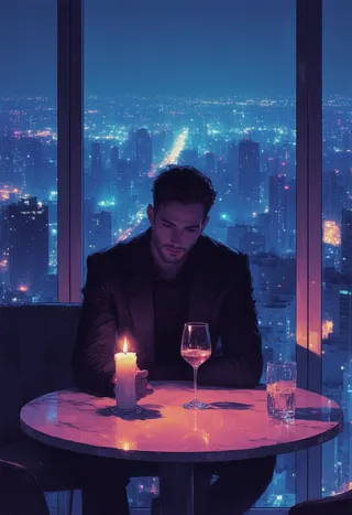 A contemplative man sits alone at a round table with a candle, a wine glass, and a water glass, framed by a sprawling, illuminated cityscape at night through large windows.