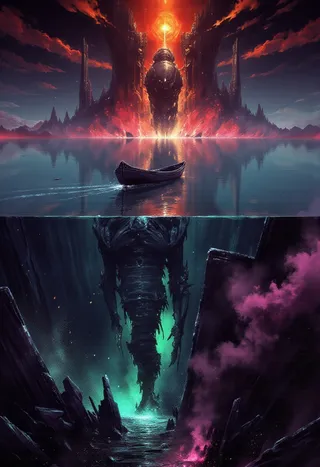 A surreal dystopian scene featuring a battered boat drifting on a calm dark ocean reflecting a fiery sky, with colossal ruins and a giant cosmic leviathan emerging from the water.