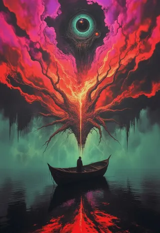 A lone battered boat floats on a dark, calm ocean with infrared-colored clouds forming a cosmic eye above and red ember lights beneath the water surface.