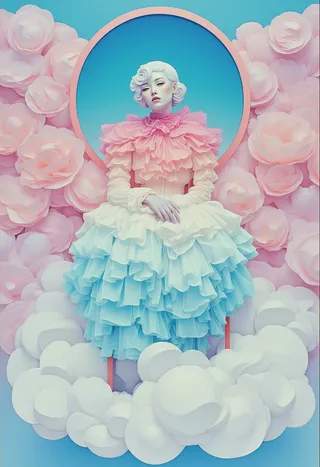 A popart sculpture of a fashion model seated on a cloud-like chair, wearing a Tomo Koizumi inspired voluminous ruffle dress in ombré pink, white, and sky blue, surrounded by oversized pastel paper flowers and a soft pastel gradient background.