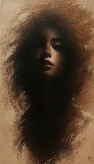 Oil painting portrait of a young female with dramatic use of drab dark brown color, featuring textured brush strokes and deep contrast of light and shadow.