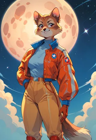 Anthropomorphic furry female space cadet wearing an orange bomber jacket and beige pants standing confidently with the full moon and starry sky background.