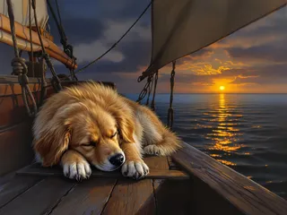 A golden-coated dog peacefully sleeping on the wooden deck of a vintage sailboat at sunset, with calm ocean waves and glowing sky in the background.