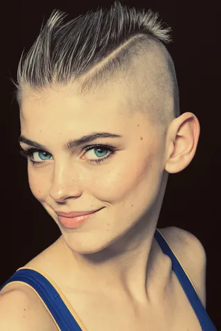 Close-up digital portrait of an Olympian girl with a stylish undercut hairstyle and perfect aqua eyes, smirking slightly at a side angle.