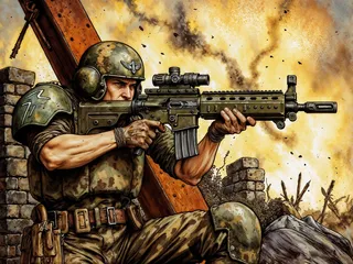 A soldier in military helmet and armor aiming a rifle in a warzone with explosions and debris in the background