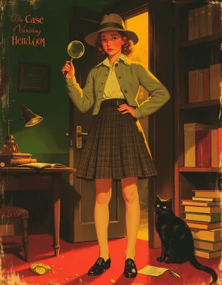 A teenage girl detective stands confidently in a dimly lit library, wearing a plaid skirt and cardigan, holding a magnifying glass, with a black cat sitting beside her.