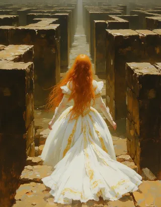 A young girl with long flowing red hair wearing a white and gold dress stands facing a labyrinthine structure made of tall blocky walls under warm Rembrandt lighting.