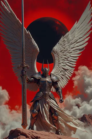 An armored warrior with massive feathered wings holding a long sword stands on a rocky outcrop under a dramatic red sky with a dark celestial body behind, surrounded by clouds.