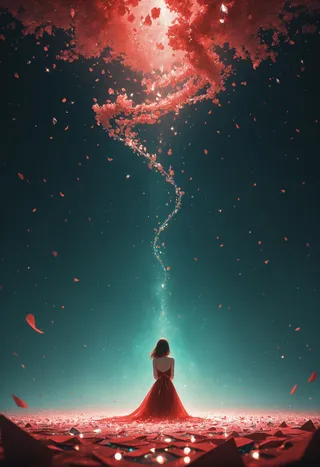 A woman in a flowing red dress stands amidst reflective shards as red petals fall and swirl upward into an ethereal mist under a dark sky.