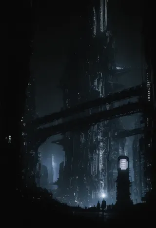 Black-and-white futuristic industrial cityscape at night with towering skyscrapers, illuminated walkways, foggy mist, and a low-angle perspective emphasizing depth.