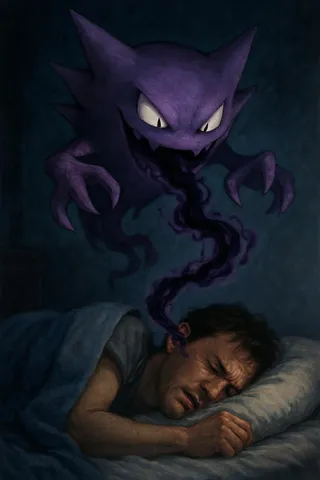 Rappresentazione realistica del Pokémon Haunter che fluttua sopra un uomo addormentato, assorbendo i suoi sogni con energia viola scura.