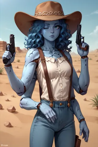 Character with blue cracked skin, wavy hair, wearing a cowboy hat, suspenders, and holding two pistols in a desert setting.