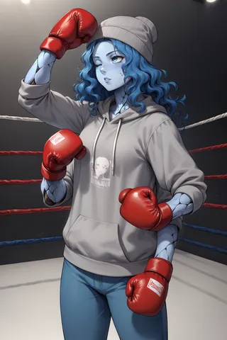Blue-skinned character with wavy blue hair and cracked skin wearing a gray hoodie, beanie hat, and red boxing gloves in a boxing ring, featuring extra arms and doll-like joints.
