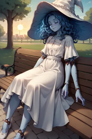 A robotic girl with blue cracked skin and wavy hair sits on a park bench wearing a large witch hat and a white dress on a sunny day.