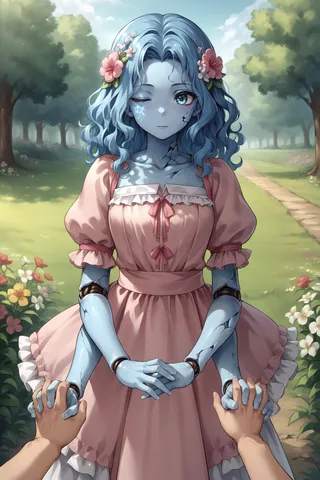 Anime girl with blue cracked skin and extra robotic arms wearing a pink frilly dress with flowers in her curly blue hair, standing outdoors on a garden path, holding hands with two other people.