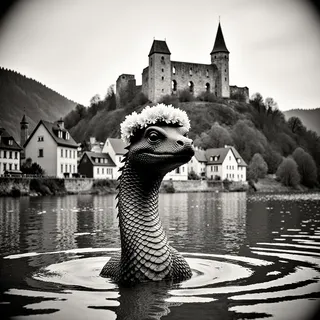 Vintage-style black and white photograph of a mythical river creature with scales and a flower crown emerging from a river with a medieval castle and quaint town in the background.
