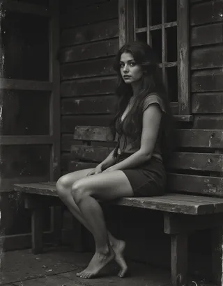 Black and white photorealistic portrait of a young woman with long feathered hair sitting barefoot on a wooden bench, illuminated by Rembrandt lighting, wearing a sari blouse and hiking shorts.