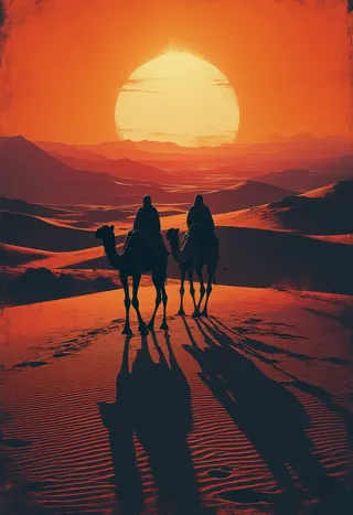 Silhouetted Bedouin men riding camels across sand dunes during a vibrant orange sunset, styled in bold mid-century advertising aesthetic.