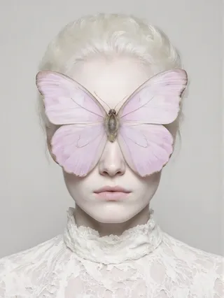 Albino woman with pale skin and light hair wearing a delicate white lace blouse with a large pink butterfly covering her eyes against a soft neutral background.