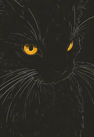 Art numérique en gros plan d'un chat noir aux yeux jaunes lumineux, représenté avec des couleurs plates, un fort contraste et un travail de ligne minimal.