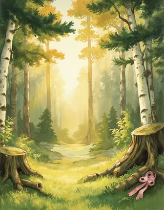 A sun-dappled clearing in a magical forest featuring birch and pine trees, warm golden light filtering through, mossy ground, and a delicate pink ribbon on a tree stump.