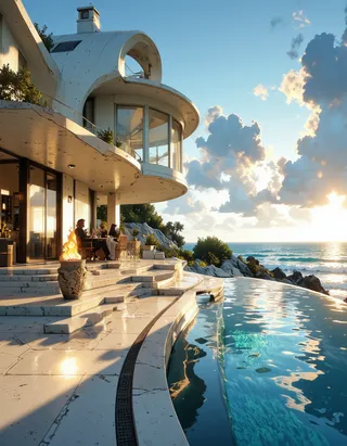 A luxurious private estate featuring curved white architecture and an infinity pool overlooking the ocean at sunset, with floating fire pits and a spacious patio.