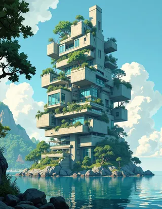 A futuristic modular building with cubic layers and abundant greenery stands on a rocky isle by calm blue waters under a bright sky.