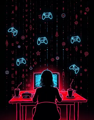 Silhouette of a person illuminated by computer glow, surrounded by floating neon gaming controllers and mystical digital symbols on dark background.