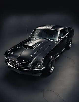 Sleek black Mustang muscle car restomod with silver stripes on the hood, captured under dark vanta black lighting in automotive photography style.