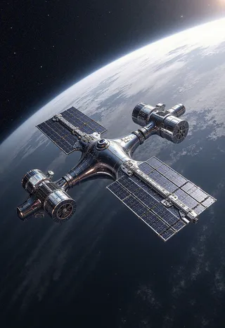 A chrome space station with large solar panels orbiting a planet in outer space, illuminated by sunlight.