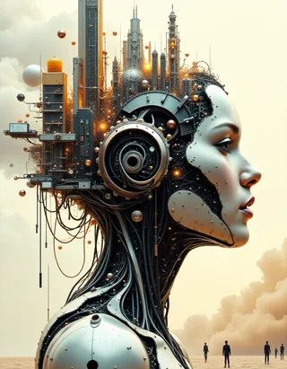 Human-like android side profile with skin peeled to reveal mechanical circuits, gears, and a futuristic cityscape integrated into the head.