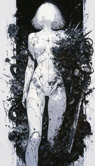 A monochromatic, surreal figure of a female in an action pose, blending mechanical and organic elements with a strong contrast of light and dark, inspired by Ashley Wood.