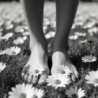 Close-up black and white photo of bare feet standing on a bed of daisies with shallow depth of field, highlighting skin texture and flower petals.