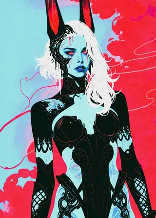 Portrait of a cyberpunk cat girl with blue skin, white hair, glowing red eyes, and futuristic makeup, surrounded by red smoke and neon lighting.