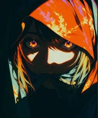 Close-up digital illustration of a girl with glowing red eyes, wearing a bright orange hood with flowing colors, set against a dark background, illuminated by sharp shadows and light.