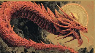 A colossal centipede-dragon with rusted halo-shaped mandibles and armored plates inscribed with heretical prayers, depicted in retro 70s/80s pulp fantasy horror style with ochre, crimson, and black palette.