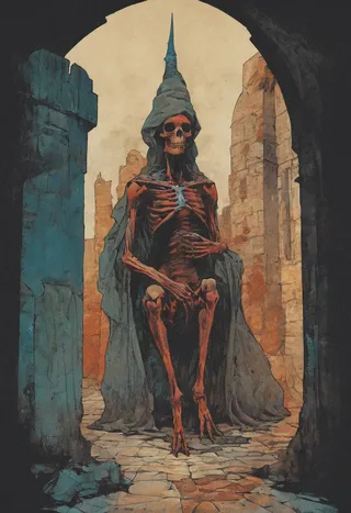 Skeleton figure with exaggerated anatomy and tall pointed hat sits in ancient stone ruins under an arch, rendered in retro pulp horror style with ink wash textures.