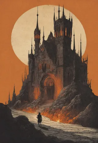Silhouette of a lone figure standing on a cracked path leading to a large dark fantasy gothic castle with glowing orange windows, set under a massive orange moon with dramatic shadows and ink line art style.