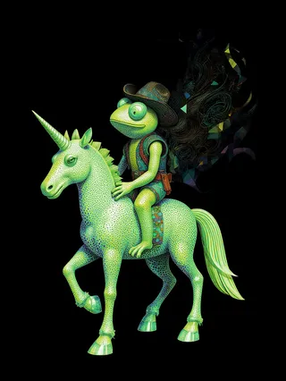 A green bioluminescent unicorn with curved shapes being ridden by a Wild West style frog wearing a cowboy hat and vest, set against a black background.