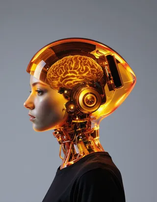 Profile view of a photo-realistic humanoid robot with a transparent head showcasing a glowing orange and yellow brain, wearing a black T-shirt against a gray background.
