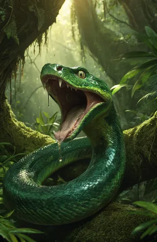 Ultra realistic emerald green snake coiled on mossy branch with mouth open showing venomous fangs dripping venom in tropical forest light.