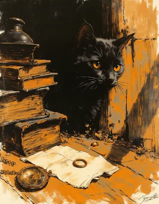 A black cat with glowing amber eyes peeks from behind a stack of worn vintage books on a rustic wooden surface scattered with aged paper, a pocket watch, and a ring, rendered in a Rembrandt-inspired mid-century style.